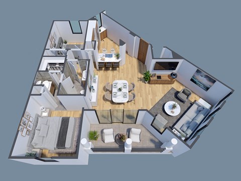 A 3D floor plan of a modern house with a central open space and various rooms surrounding it.